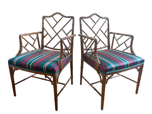 Chinese Chippendale Chair Pair Faux Bamboo Hollywood Regency Accent Armchairs Chippendale Dining Chairs Faux Bamboo