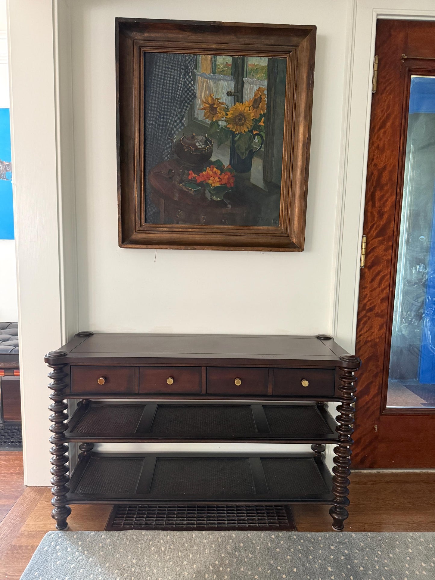 Dark Wood Console or Secretary Desk With Spindle Legs Multi Use Mudroom Entryway Furniture
