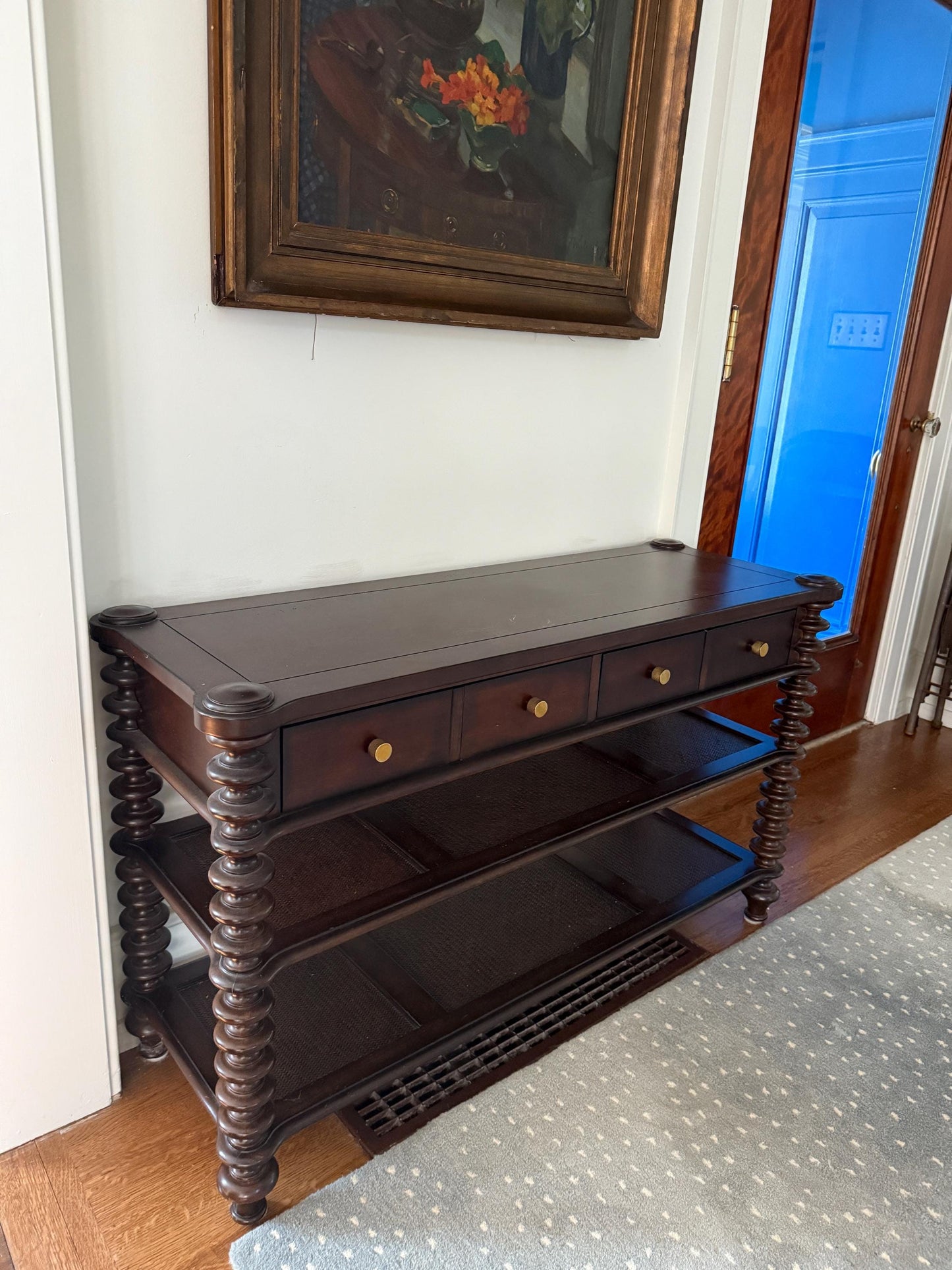 Dark Wood Console or Secretary Desk With Spindle Legs Multi Use Mudroom Entryway Furniture