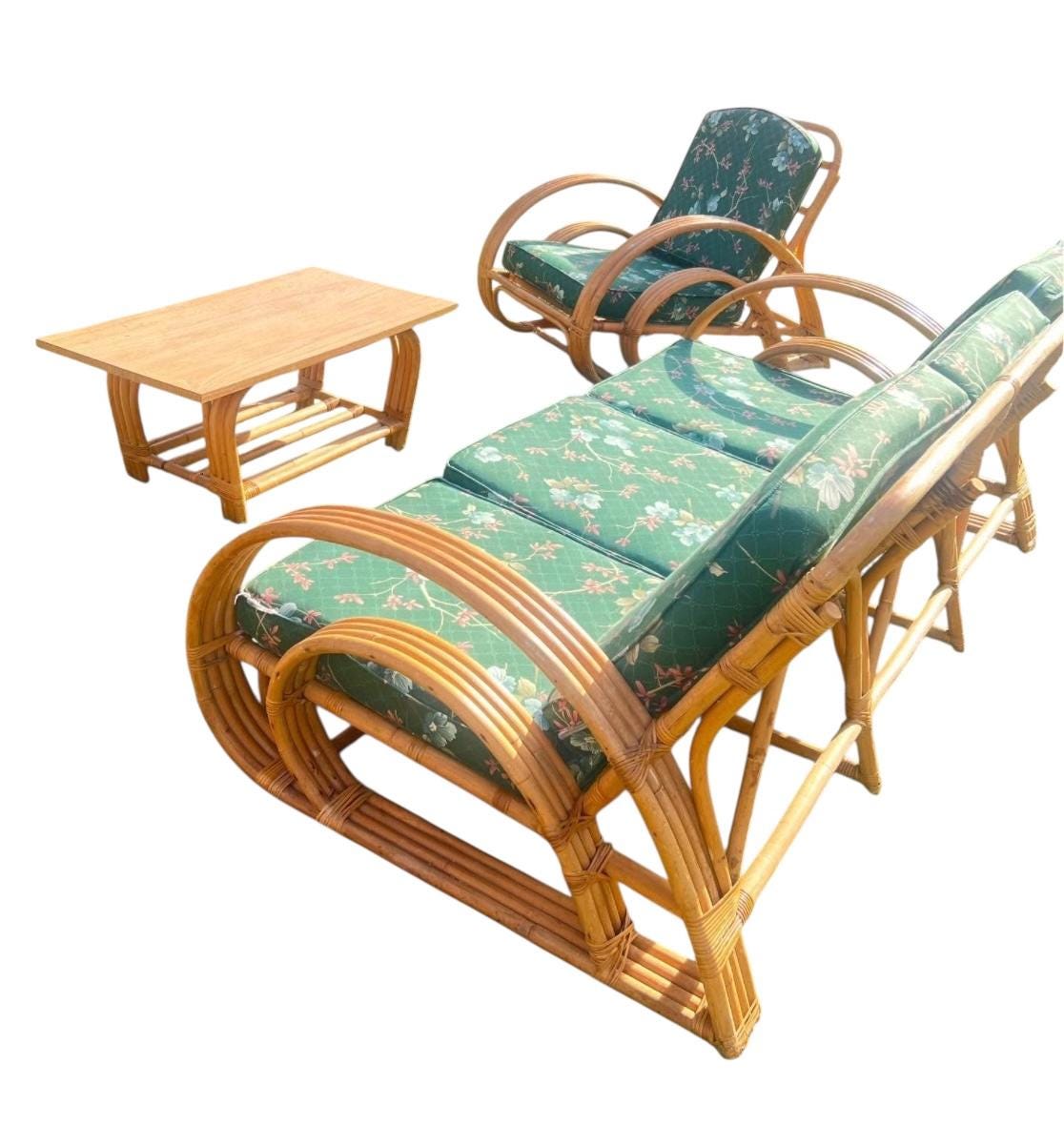 Vintage Double Teardrop Rattan Lounge Set MCM Pretzel Style Lounge Sofa Set Pair Armchairs Coffee Table Vintage Boho JRB Co. Tokyo 1960s