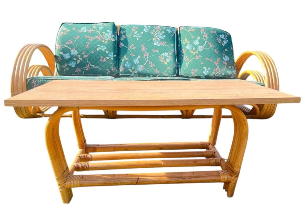Vintage Double Teardrop Rattan Lounge Set MCM Pretzel Style Lounge Sofa Set Pair Armchairs Coffee Table Vintage Boho JRB Co. Tokyo 1960s