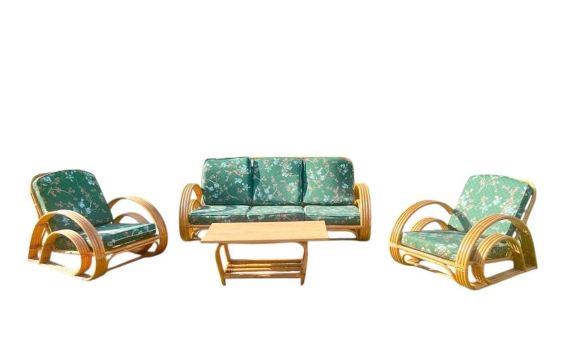 Vintage Double Teardrop Rattan Lounge Set MCM Pretzel Style Lounge Sofa Set Pair Armchairs Coffee Table Vintage Boho JRB Co. Tokyo 1960s