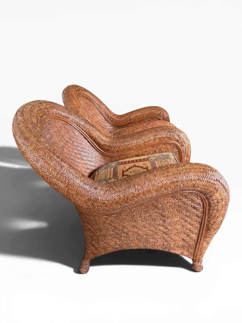 Pair of Vintage Pottery Barn Malabar Wicker Armchairs Rattan Armchairs Palm Beach Style Pair of Patio Chairs