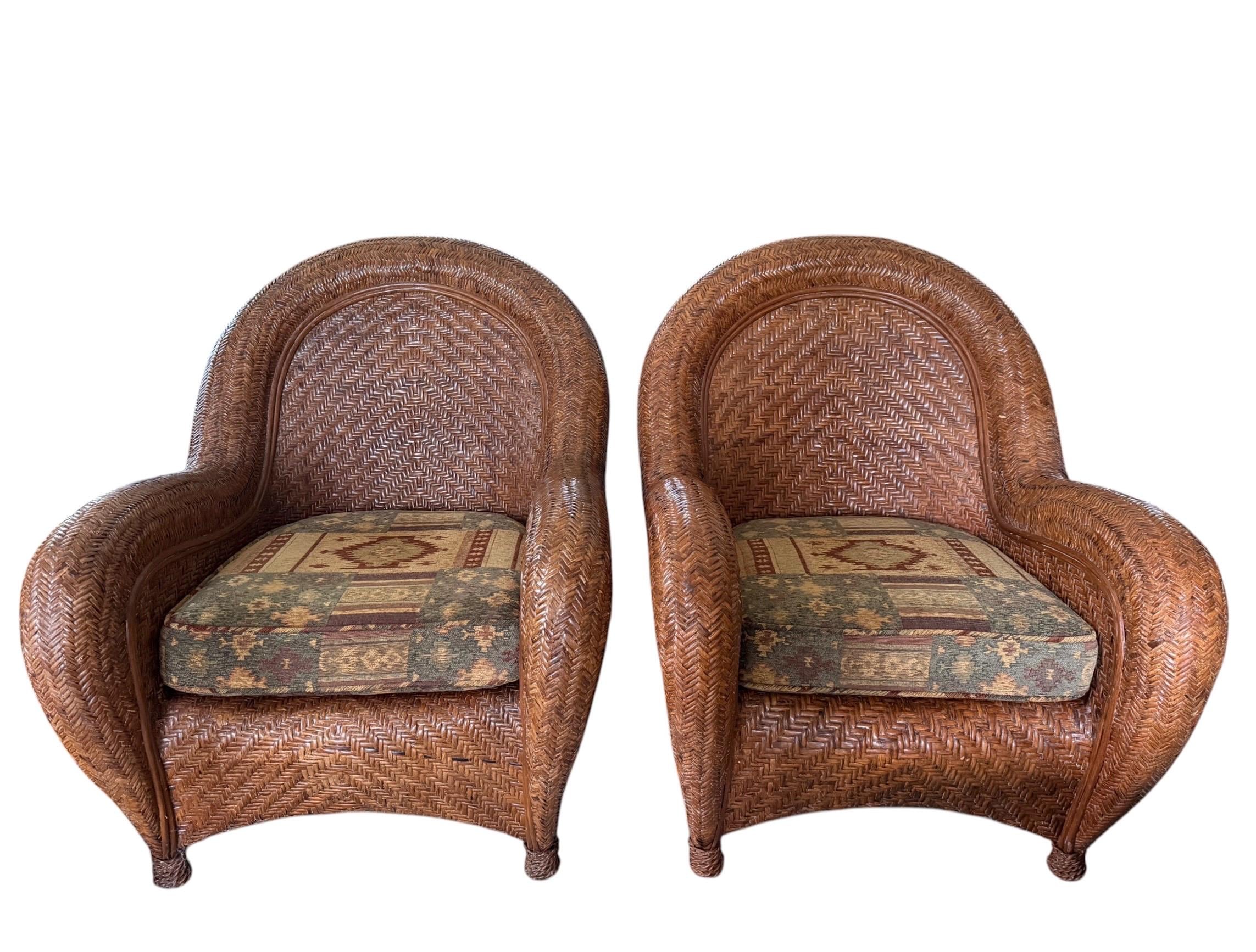 Pair of Vintage Pottery Barn Malabar Wicker Armchairs Rattan Armchairs Palm Beach Style Pair of Patio Chairs
