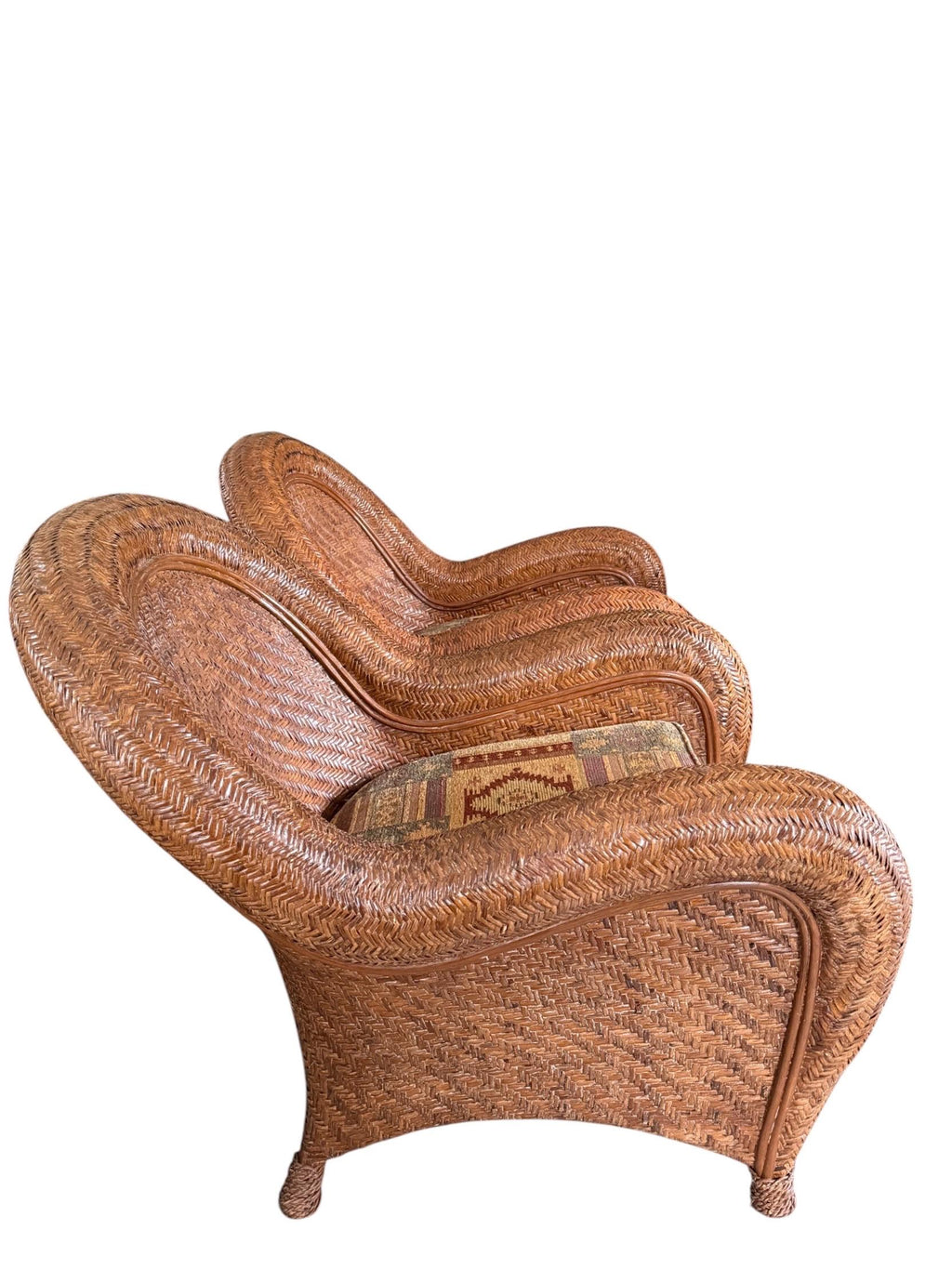Pair of Vintage Pottery Barn Malabar Wicker Armchairs Rattan Armchairs Palm Beach Style Pair of Patio Chairs