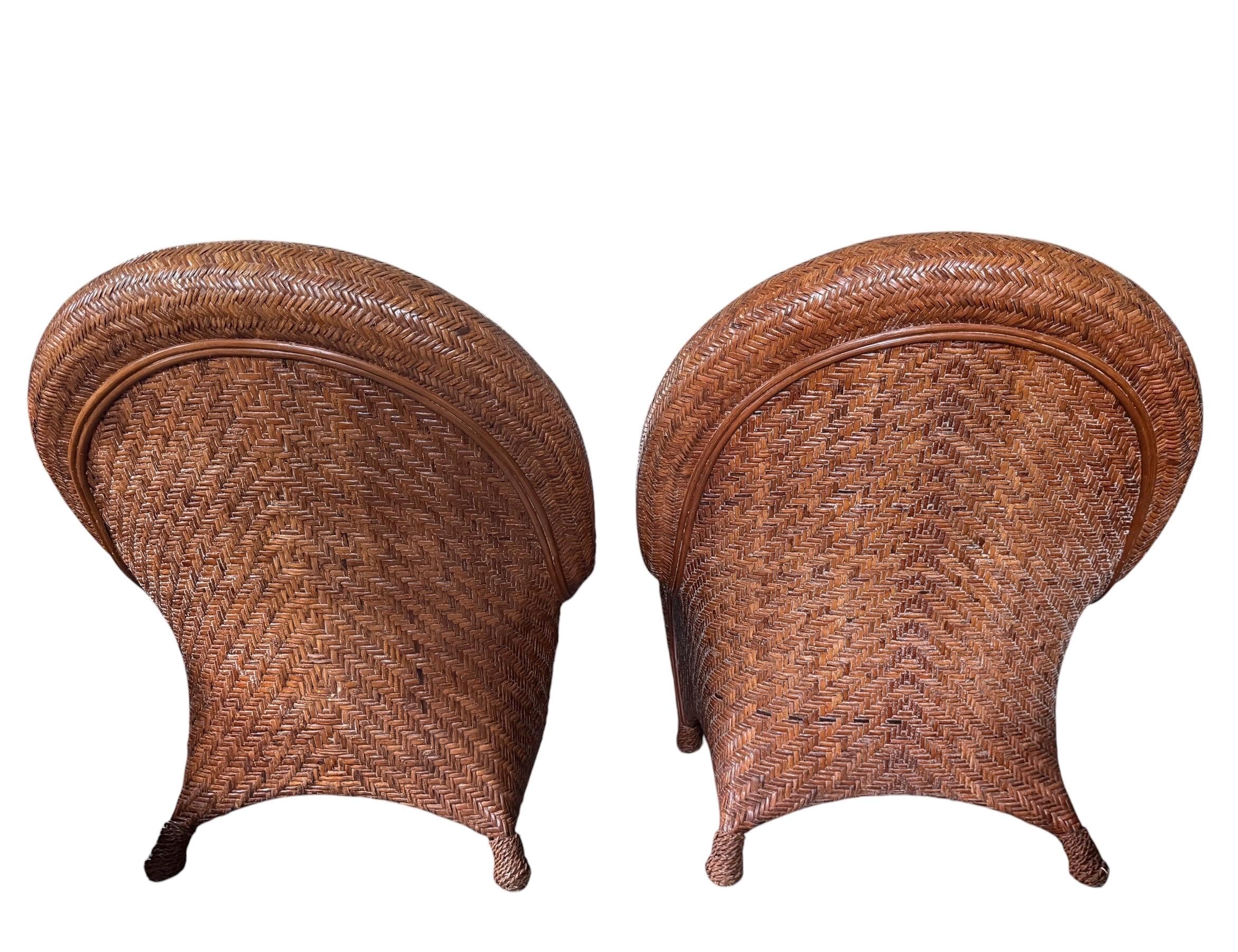 Pair of Vintage Pottery Barn Malabar Wicker Armchairs Rattan Armchairs Palm Beach Style Pair of Patio Chairs