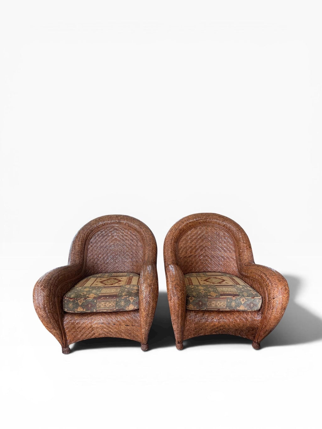 Pair of Vintage Pottery Barn Malabar Wicker Armchairs Rattan Armchairs Palm Beach Style Pair of Patio Chairs