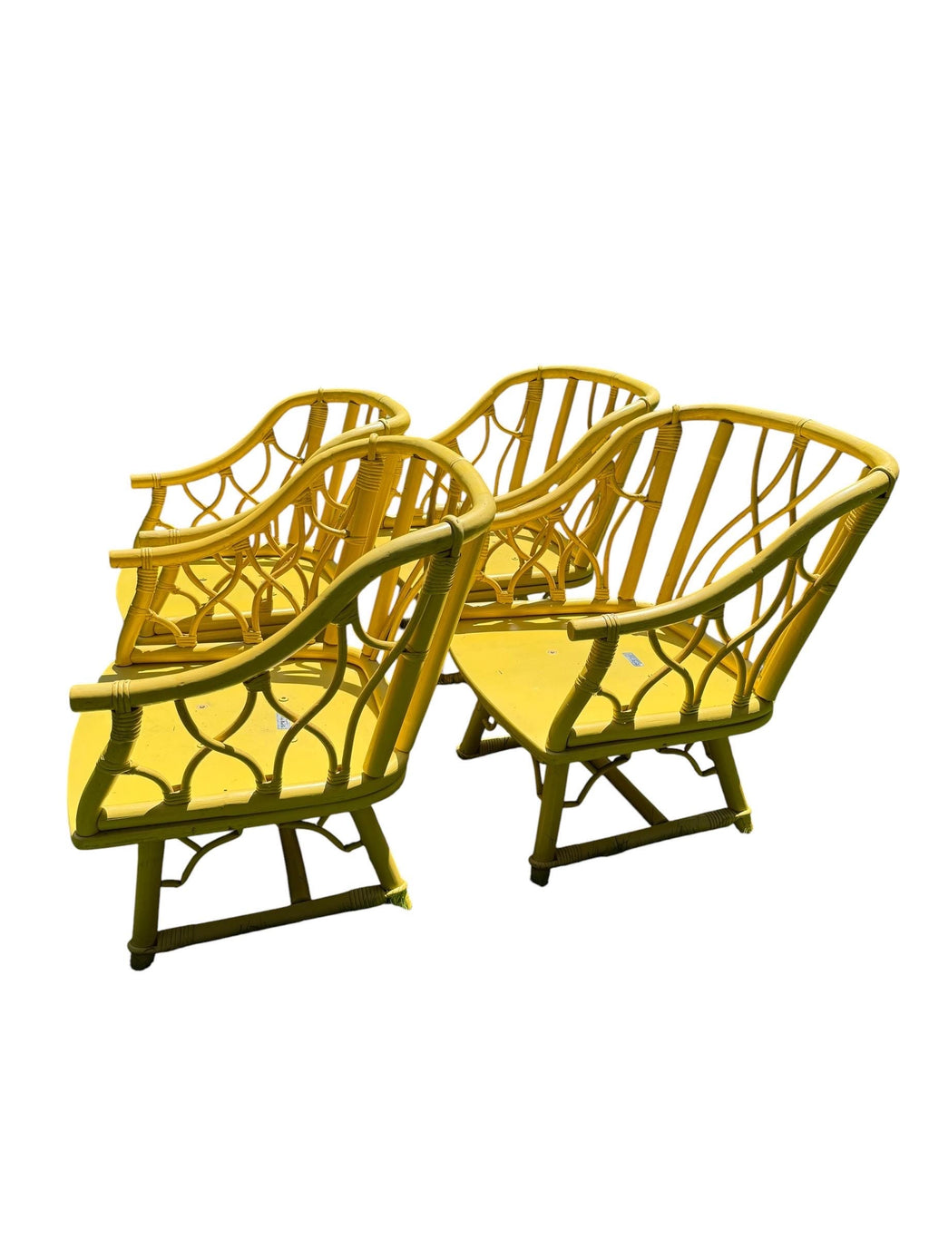Vintage Ficks Reed Dining Set, Bamboo Solid Wood Table with Swivel Armchairs, Coastal Patio Yellow Ficks Reed