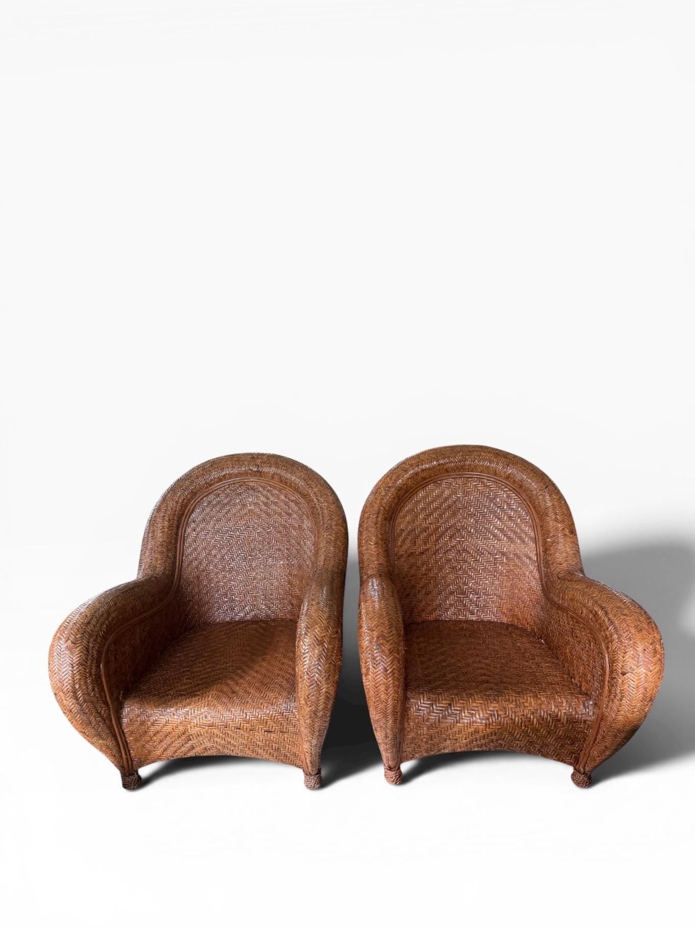 Pair of Vintage Pottery Barn Malabar Wicker Armchairs Rattan Armchairs Palm Beach Style Pair of Patio Chairs
