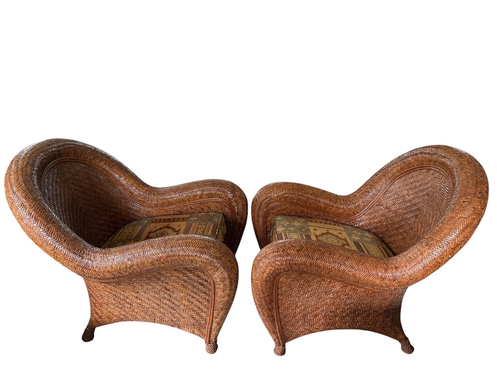 Pair of Vintage Pottery Barn Malabar Wicker Armchairs Rattan Armchairs Palm Beach Style Pair of Patio Chairs