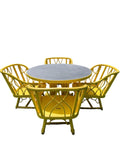 Vintage Ficks Reed Dining Set, Bamboo Solid Wood Table with Swivel Armchairs, Coastal Patio Yellow Ficks Reed