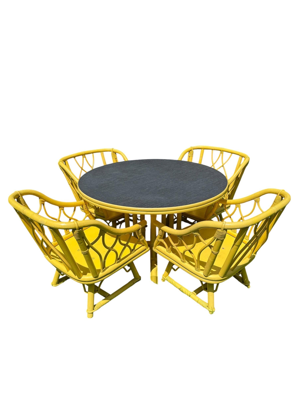 Vintage Ficks Reed Dining Set, Bamboo Solid Wood Table with Swivel Armchairs, Coastal Patio Yellow Ficks Reed