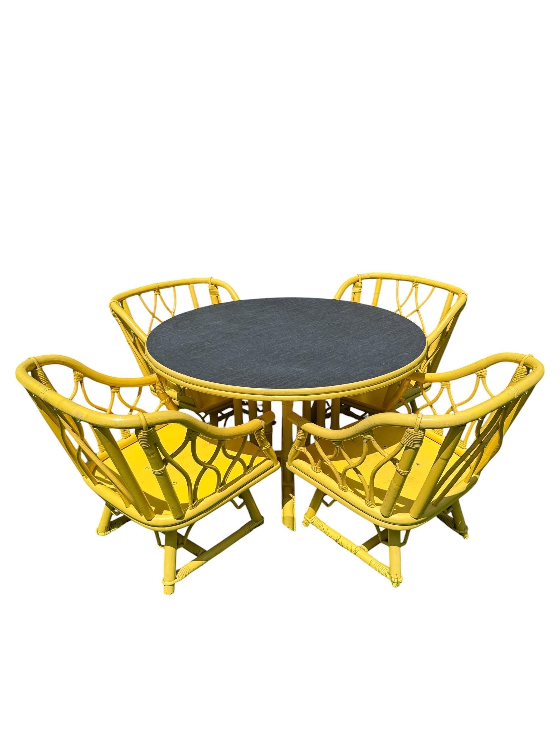 Vintage Ficks Reed Dining Set, Bamboo Solid Wood Table with Swivel Armchairs, Coastal Patio Yellow Ficks Reed